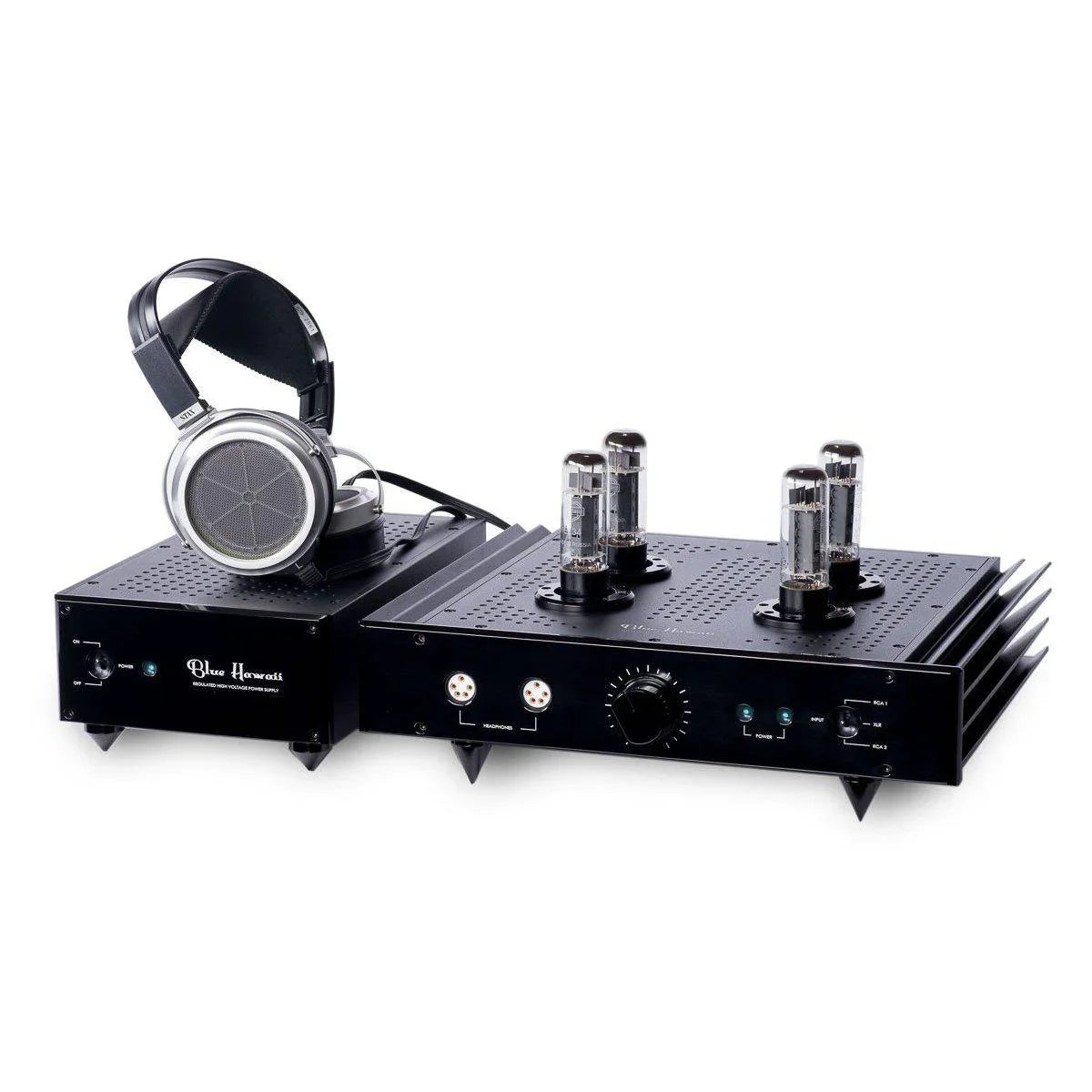 High-end headphones with Blue Hawaii tube headphone amplifier on white background, The Source AV audio equipment.