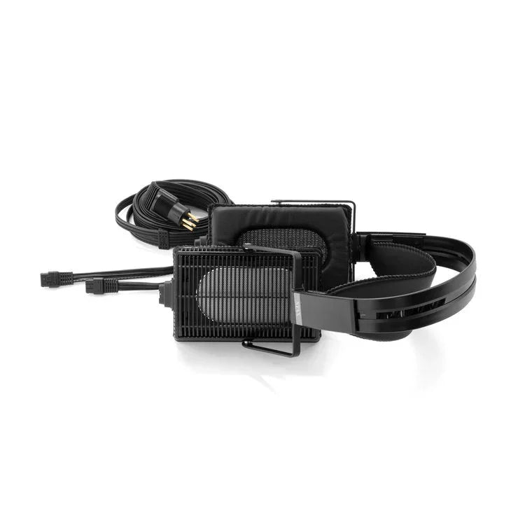 STAX black electrostatic headphones with headband and detachable audio cable, high-fidelity audio gear