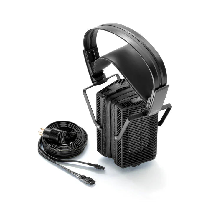 High-end electrostatic headphones with thick rectangular earcups and power cable on white background