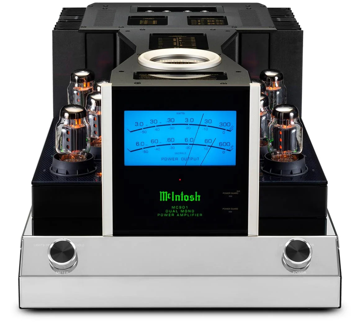 McIntosh MC901 dual mono power amplifier with vacuum tubes and blue power meter display.