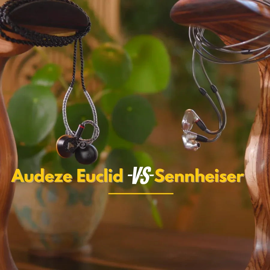 Audeze Euclid vs Sennheiser in-ear headphones comparison on wooden stands, indoor setting, The Source AV