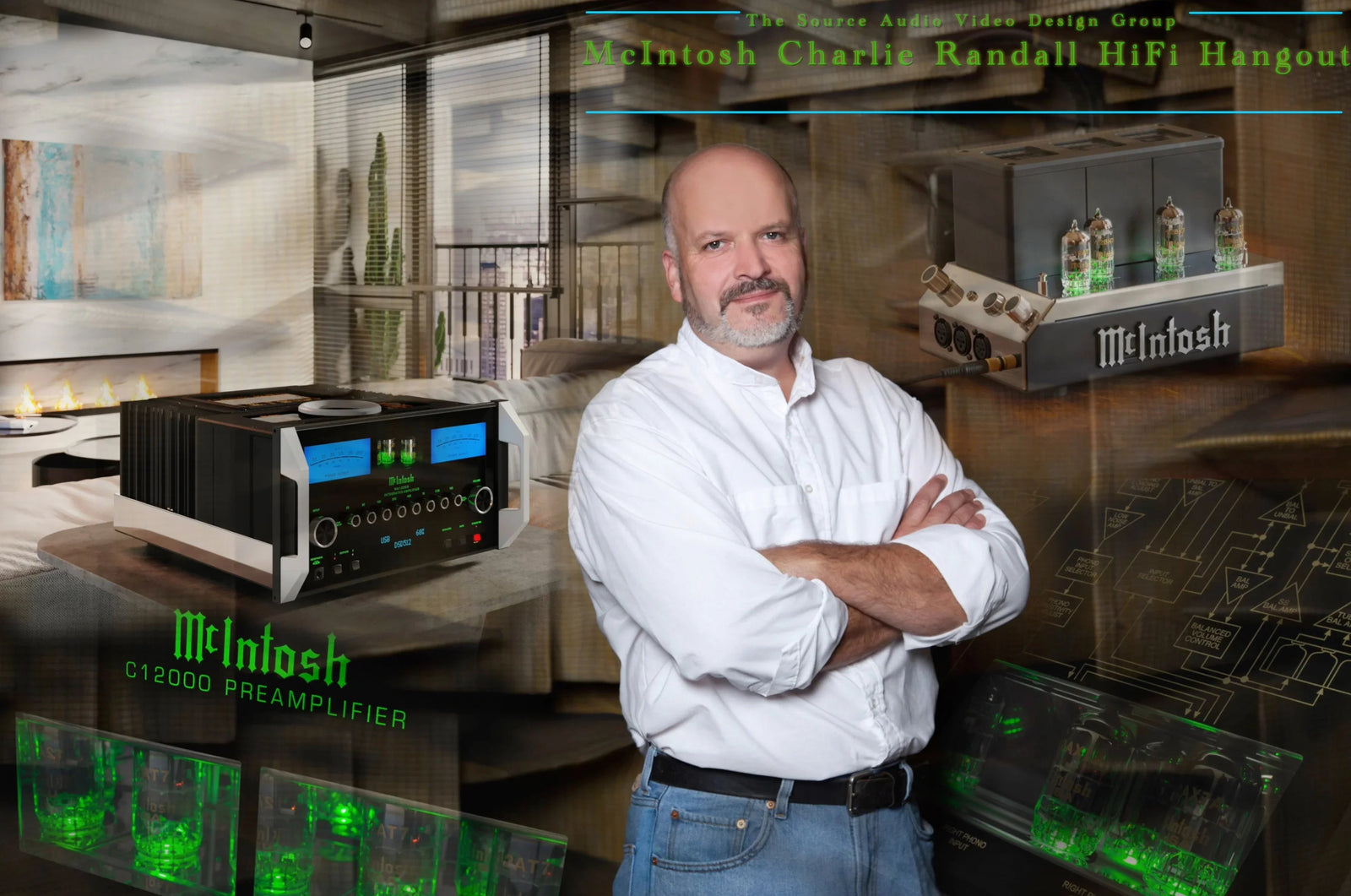 Man with folded arms in front of McIntosh C12000 preamplifier, high-end audio equipment, The Source AV