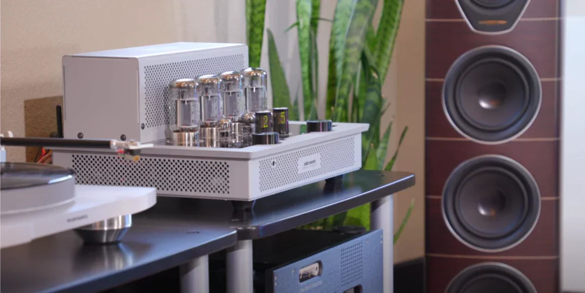 High-end vacuum tube amplifier on audio rack with floor-standing speaker, The Source AV