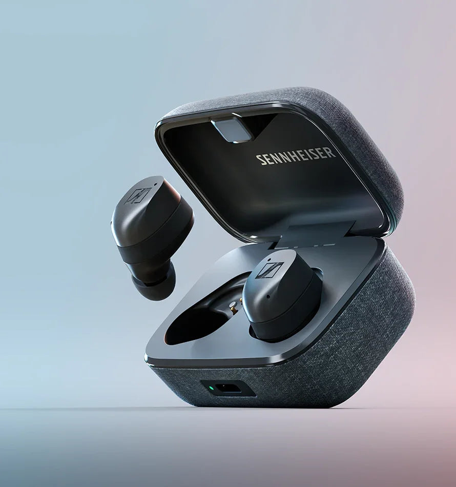 Sennheiser wireless earbuds in a fabric charging case, premium audio at The Source AV