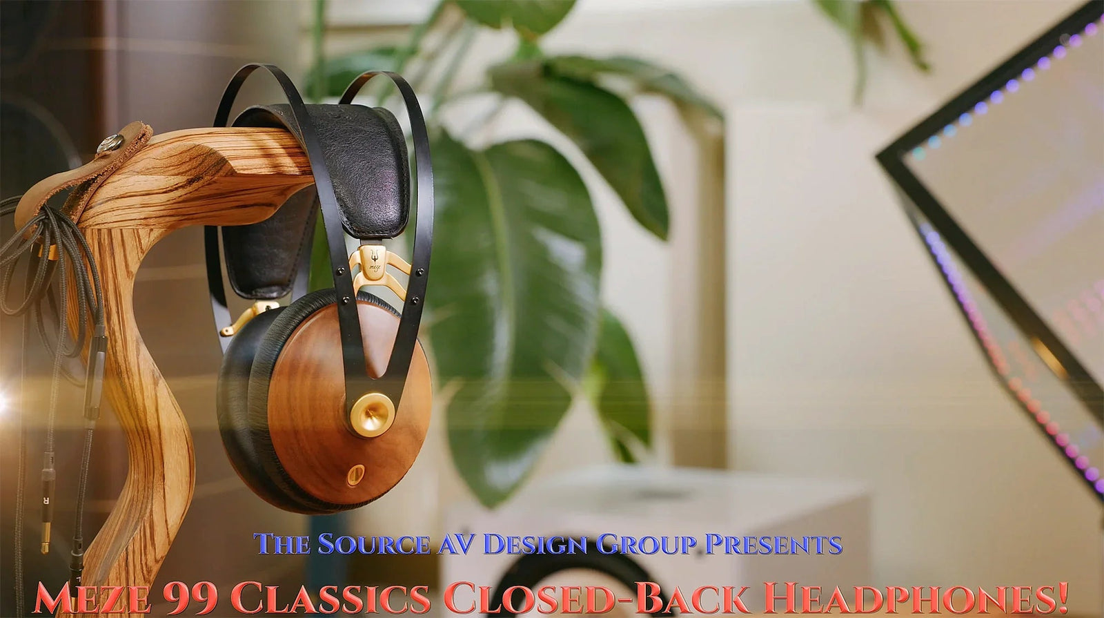 Meze 99 Classics closed-back headphones on wooden stand, audio equipment by The Source AV