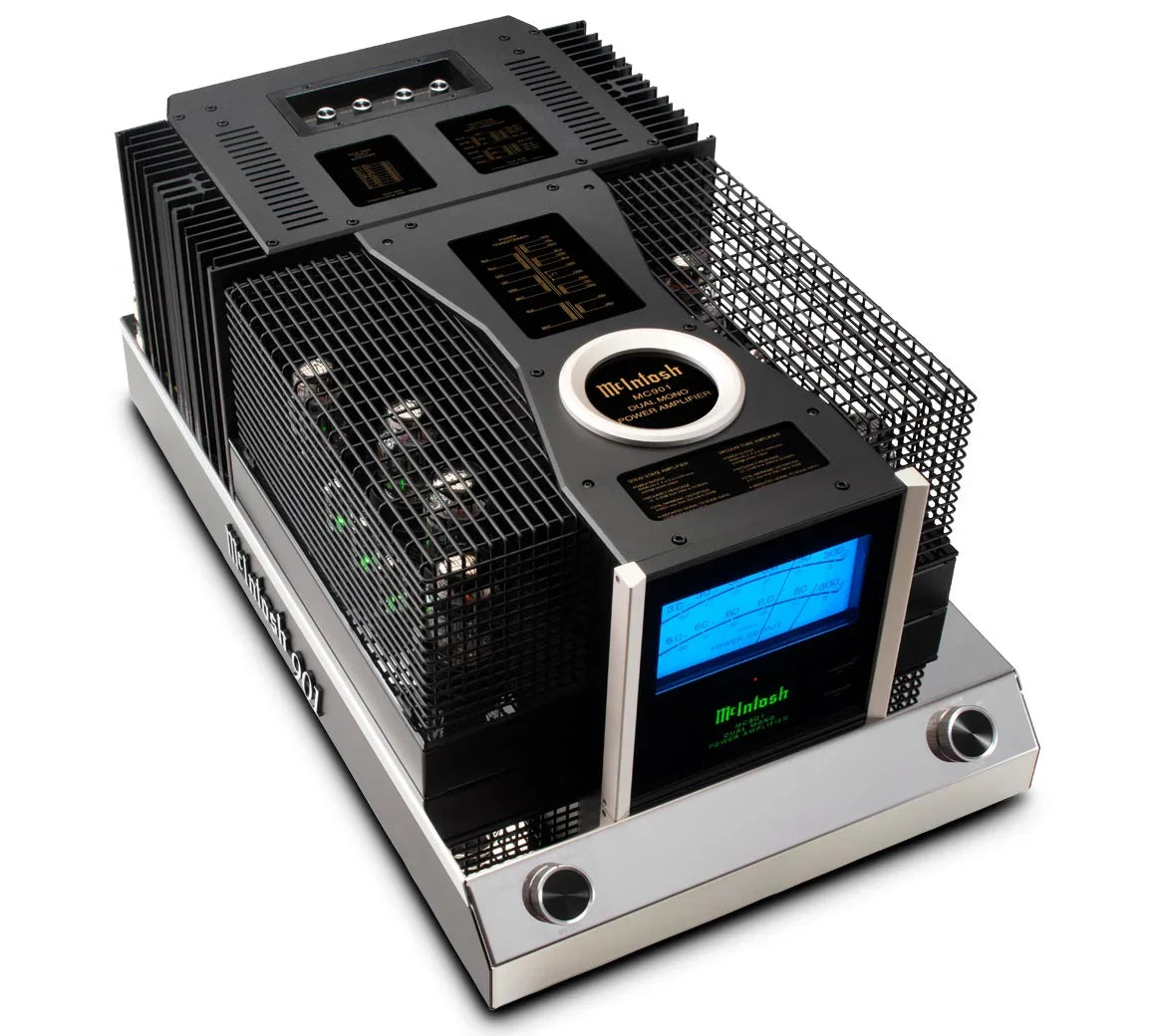 McIntosh MC901 two-channel power amplifier with blue display, tube cage, premium audio equipment